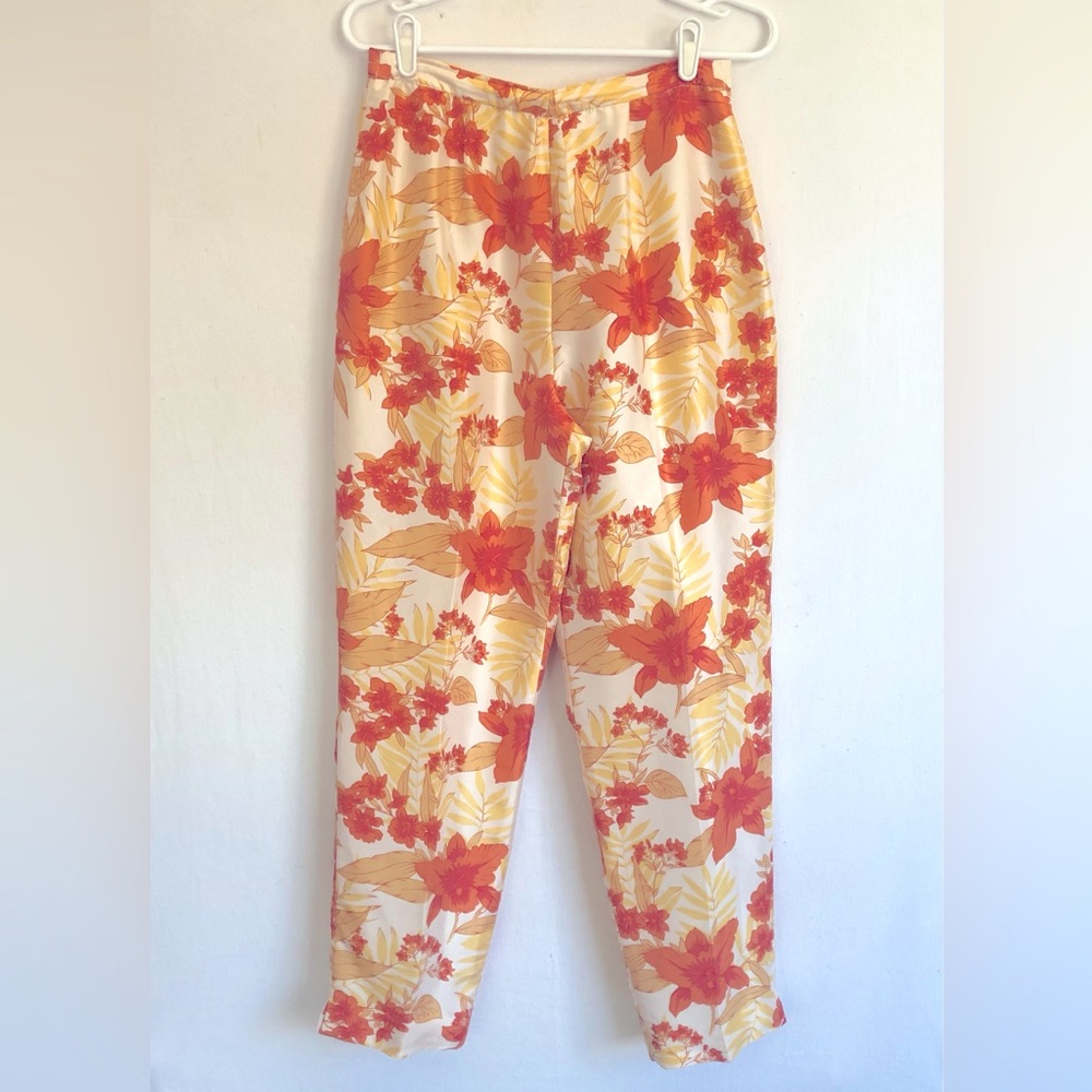 ADRIANNA PAPELL Pants Size 8 100% Silk Floral Beads Tropical Resort